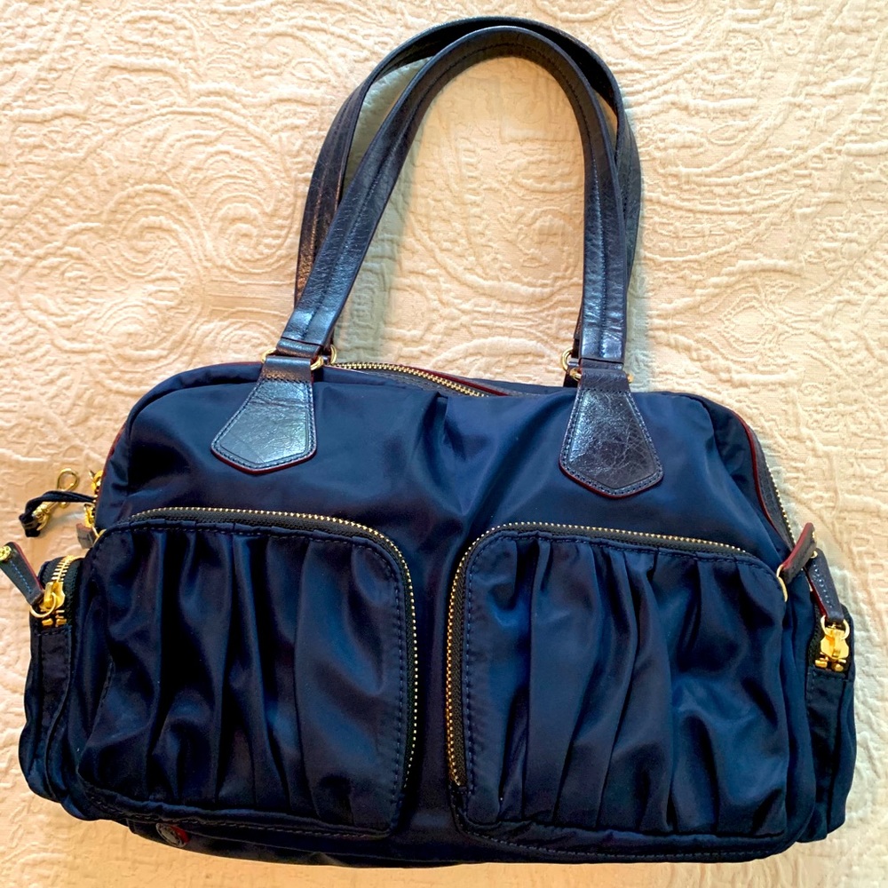 Navy and red satchel